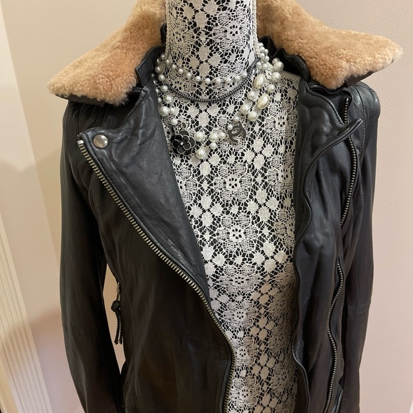 Muubaa shearling aviator biker jacket real sheepskin lamb leather size 6 black - Picture 11 of 13